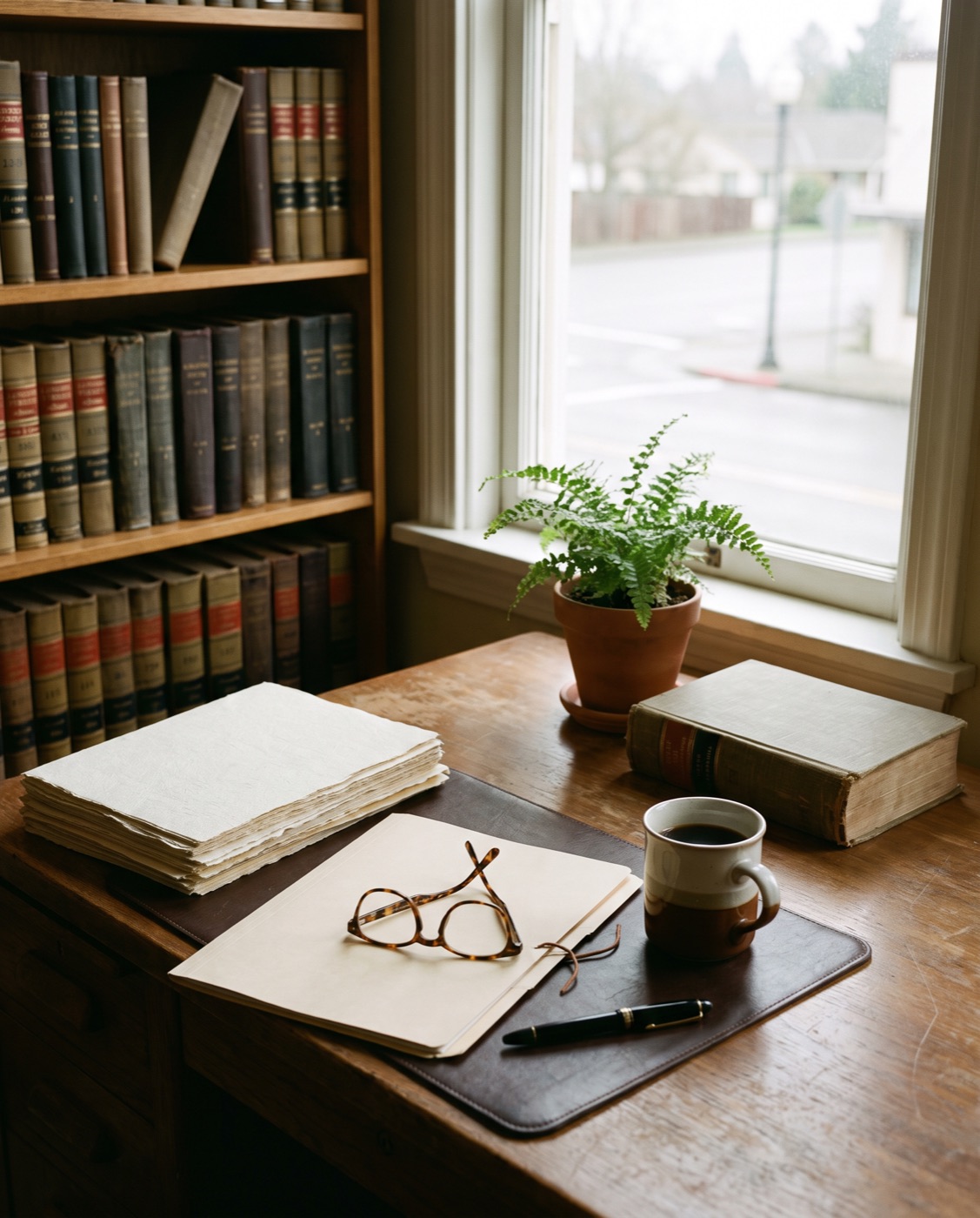 A working desk in the Petaluma office: pleading paper, a case folder, reading glasses, and a pen.